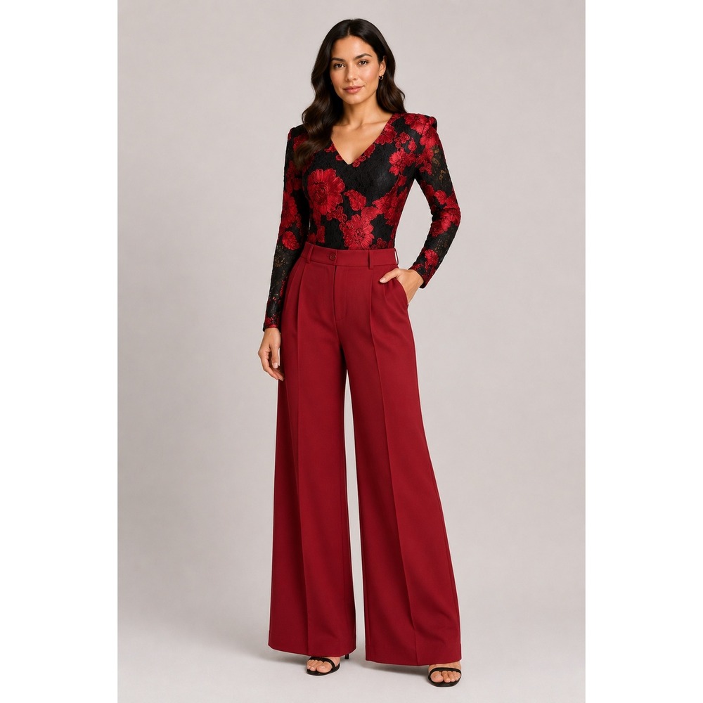 Express Vesper Red Blk Floral Lace 3D Rose Applique Long Sleeve V-Neck Bodysuit